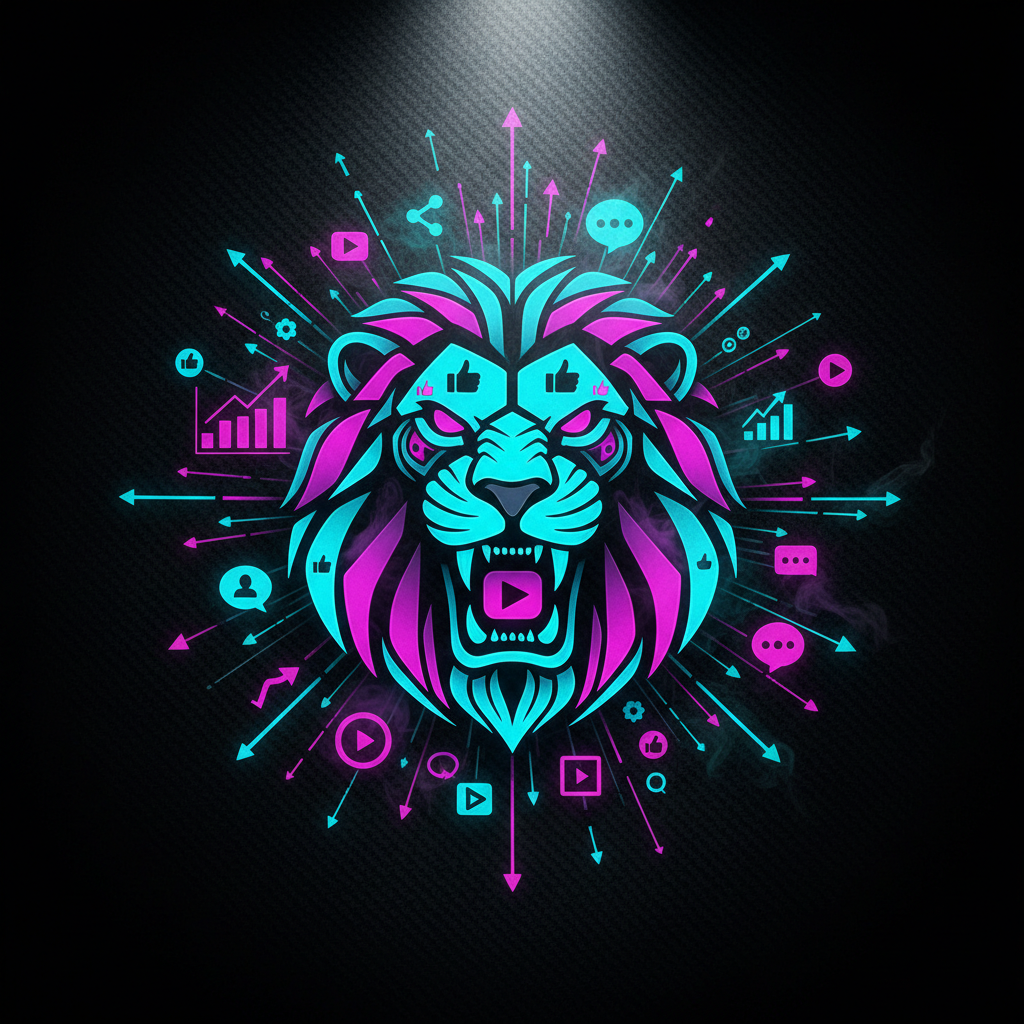 A fierce, stylized digital lion head logo made of interlocking neon social media icons, glowing in intense cyan, magenta, and electric purple, dominates the center of a dark, textured carbon-fiber backdrop. Behind the lion, radiating line graphs, bar charts, and engagement rings pulse outward like a powerful signal, all in high-contrast, luminous colors. A subtle smoky haze catches the light, adding depth. A focused spotlight from above creates a dramatic halo around the logo, while the edges of the frame fall into deep shadow. Captured straight-on with a centered, symmetrical composition and photographic realism, the image feels bold, aggressive, and unstoppable, perfect for a brand that promises fearless social media domination and rapid growth.