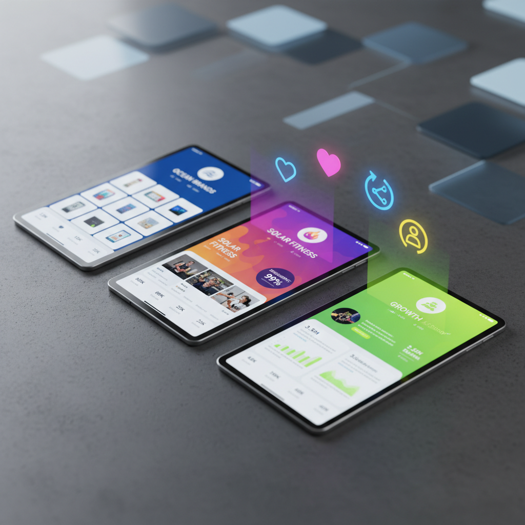 A collection of three ultra-polished tablets arranged in a dynamic diagonal line on a matte, dark concrete tabletop, each screen displaying a different social media profile layout with bold branding colors, grid-perfect posts, and viral-level engagement stats. Between them, holographic-style icons for likes, shares, and followers hover in vivid electric hues. Soft, cool studio lighting from above creates clean, minimal reflections and gentle shadows that define the devices’ slim edges. The background fades into a subtle bokeh of abstract geometric shapes, reinforcing a modern digital environment. Shot from an overhead, slightly tilted perspective with sharp focus throughout. The photographic realism and crisp, minimalist composition create a confident, strategic mood, emphasizing professional social media management and brand growth.