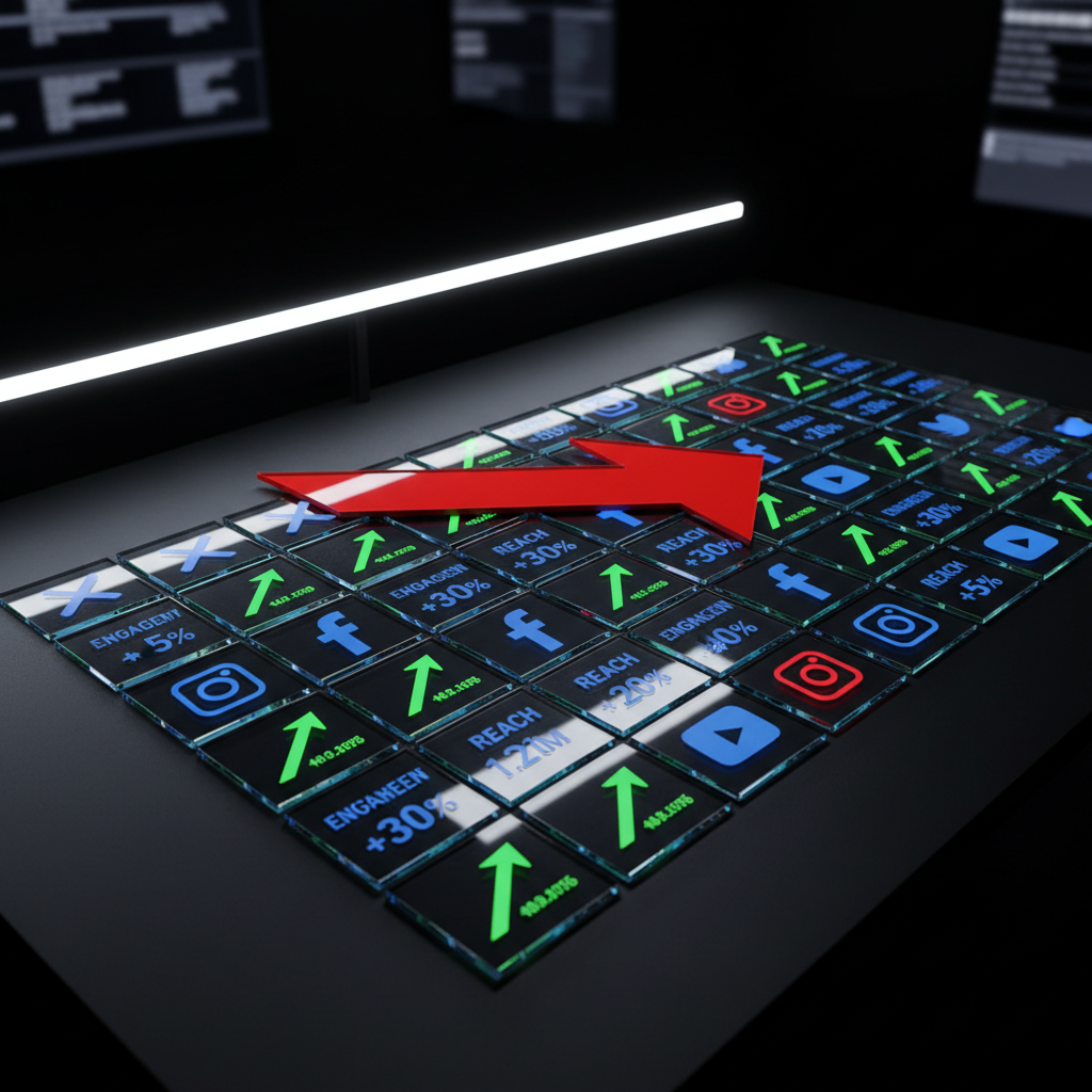 A minimalist war-room style command center table made of smooth matte black material, covered with a precise arrangement of glossy acrylic tiles, each featuring a distinct social media platform icon, growth arrow, or KPI metric printed in vivid neon inks. A central, oversized red arrow tile points sharply upward, cutting through the layout. Soft, cool white overhead lighting produces crisp, clean shadows and highlights on each tile, emphasizing their edges and reflective surfaces. The background is intentionally dark and blurred, hinting at large digital displays without detail. Shot from a high, three-quarter angle with moderate depth of field, the composition feels organized yet intense. Photographic realism and a bold, high-contrast aesthetic convey strategic control, data-driven decisions, and relentless brand expansion across social networks.